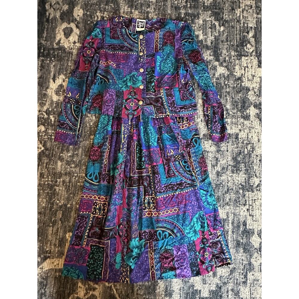 Vintage Paisley Midi Skirt & Top Set Jewel Tone Pleated Colorful Art to Wear~6P